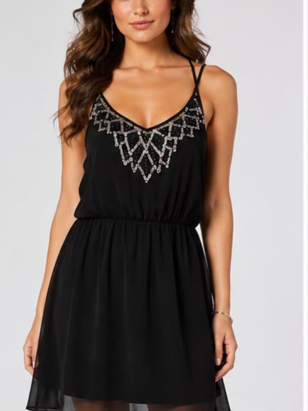Women’s Black Chiffon Dress Sequin Detail Sleeveless Flowy Mini Dress